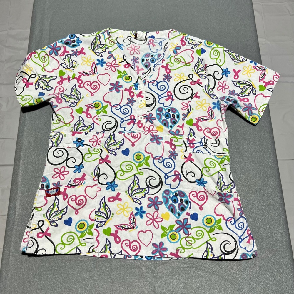 Sherly Uniforms Butterfly Heart Floral Scrub Top Multi Color Henley Large 3451